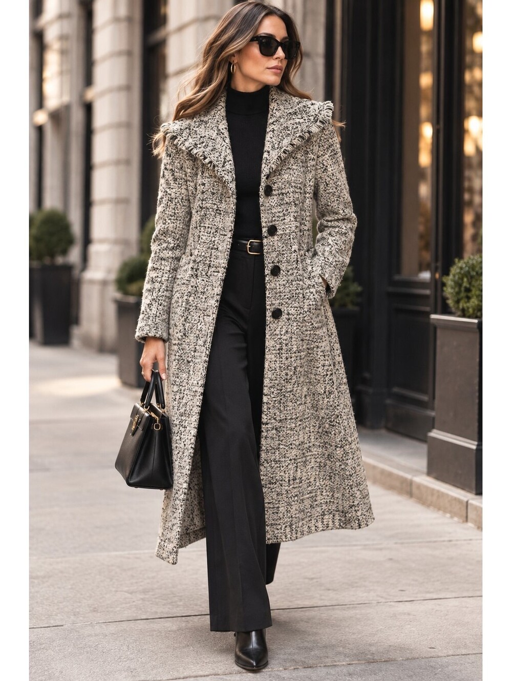Anne Klein Wool Blend Tweed Long Coat Fringe Collar Heritage Preppy Womens 14